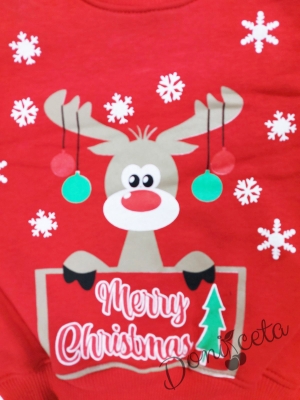 Коледен ватиран детски комплект от блуза в червено с еленче и панталоноки в сиво