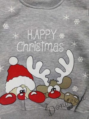 Коледен детски комплект от панталонки и блуза в сиво с Дядо Коледа и елен 