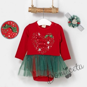 Коледна детска рокля в червено с надписи, тюл в зелено и лента за коса