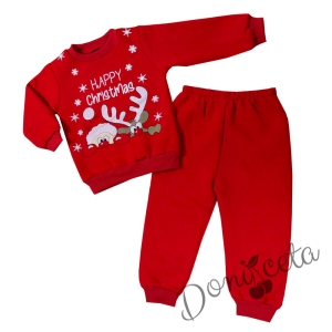 Коледен детски комплект от панталонки и блуза в червено с Дядо Коледа и елен 
