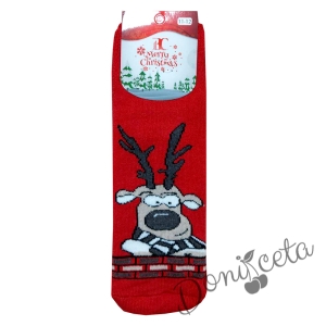 Коледни детски термо чорапки в червено с еленче