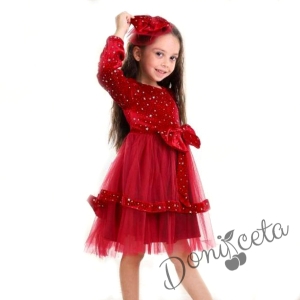 Детска рокля в червено с дълъг ръкав с тюл и панделка за коса 835434