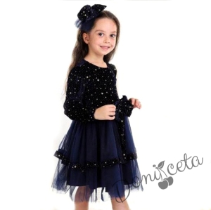 Детска рокля в тъмносиньо с дълъг ръкав с тюл 835933