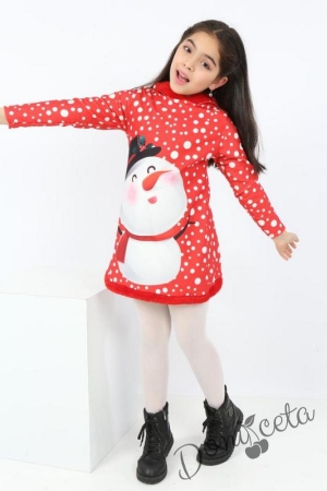 Коледна детска рокля в червено със снежен човек и качулка