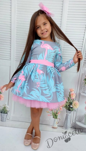Детска рокля с дълъг ръкав в сиво с фламинго и панделка за коса
