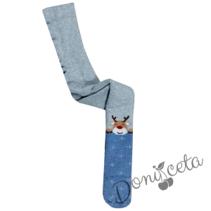 Коледен детски чорапогащник в сиво и синьо с елен 693222