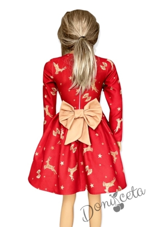 Детска рокля с дълъг ръкав в червено с еленчета и панделки
