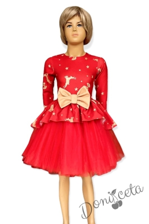 Детска рокля с дълъг ръкав с тюл в червено с еленчета и панделки