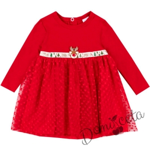 Коледна бебешка/детска рокля в червено с дълъг ръкав и еленче 5325322