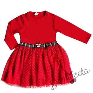 Коледна детска рокля в червено с дълъг ръкав и елен 534452
