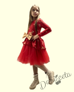 Детска рокля с дълъг ръкав с тюл в червено с еленчета и панделки