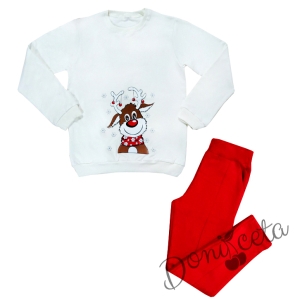 Ватиран коледен комплект с клин в червено с блуза в бяло с елен