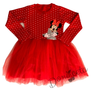 Детска рокля с дълъг ръкав в червено с Мини Маус и тюл