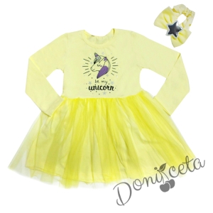 Детска рокля с дълъг ръкав в жълто с Пони/Еднорог и ластик за коса
