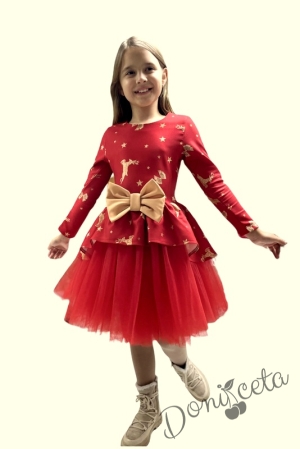 Детска/бебешки рокля с дълъг ръкав с тюл в червено с еленчета и панделки