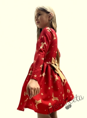 Детска/бебешка рокля с дълъг ръкав в червено с еленчета и панделки