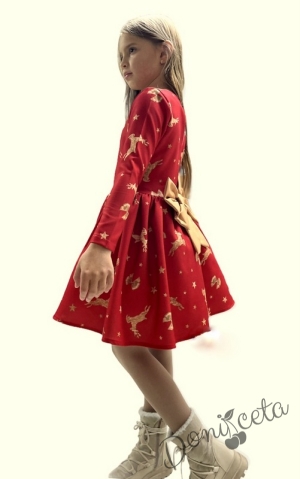 Детска/бебешка рокля с дълъг ръкав в червено с еленчета и панделки