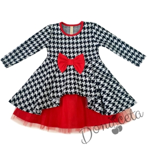 Детска рокля с дълъг ръкав в сиво каре пепит с червен тюл