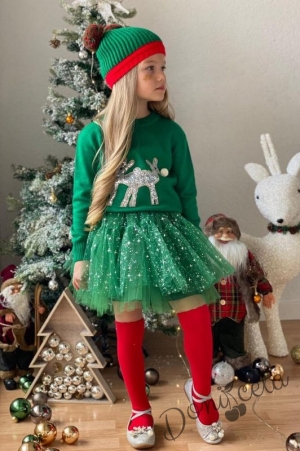 Коледен комплект от 4 части от блуза, пола, шапка и чорапогащник в зелено