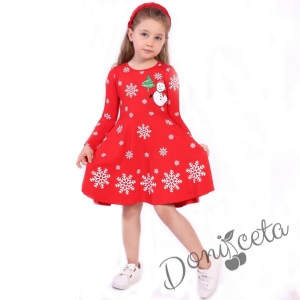 Детска рокля в червено с дълъг ръкав и снежинки