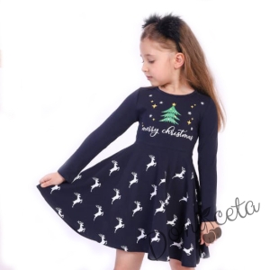 Детска рокля с дълъг ръкав в тъмносиньо със еленчета и елха