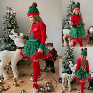 Коледен комплект от 4 части от блуза, пола, шапка и чорапогащник в червено