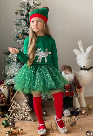 Коледен комплект от 4 части от блуза, пола, шапка и чорапогащник в зелено