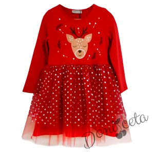 Коледна детска рокля в червено с елен и тюл със звездички