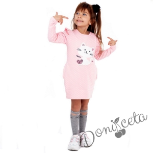 Детска ежедневна рокля с коте в розово с дълъг ръкав