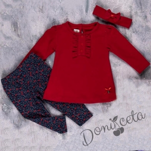 Бебешки комплект от блуза с дълъг ръкав в червено, клин и лента за коса