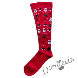 Коледни чорапки 3/4 в червено с елхички 8543454