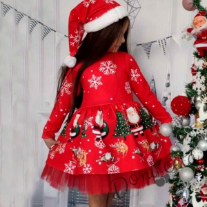 Детска рокля с дълъг ръкав с коледни мотиви в червено с шапка