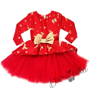 Детска/бебешки рокля с дълъг ръкав с тюл в червено с еленчета и панделки