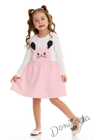 Детска ежедневна рокля с коте в бяло и розово