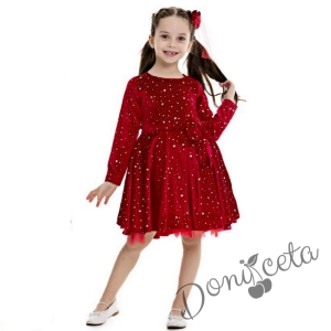 Детска рокля в червено с дълъг ръкав със звездички в сребристо с панделка