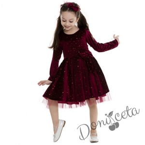 Детска рокля в бордо с дълъг ръкав със звездички в златисто 5924517