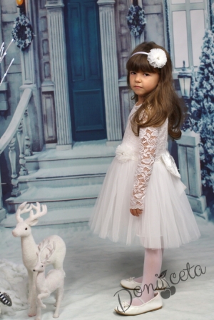 Официална детска рокля с дълъг ръкав в бяло с дантела и тюл  