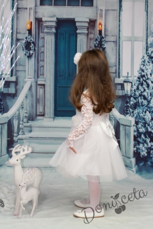 Официална детска рокля с дълъг ръкав в бяло с дантела и тюл  