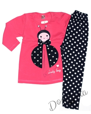 Детски леко ватиран комплект за момиче от блузка в цвят диня с калинка и клин в тъмносиньо на бели точки