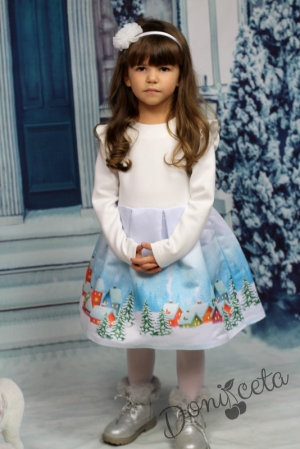 Детска рокля Contrast с дълъг ръкав в екрю със зимна картинка