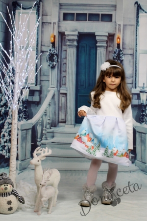 Детска рокля Contrast с дълъг ръкав в екрю със зимна картинка