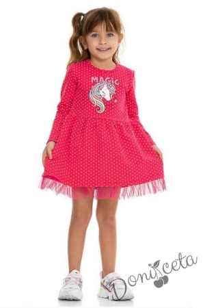 Детска ежедневна рокля с Пони/Еднорог в цвят малина на точки