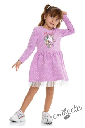 Детска ежедневна рокля с Пони/Еднорог в лилаво на точки