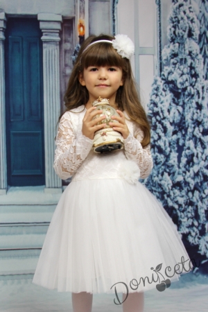 Официална детска рокля с дълъг ръкав в шампанско с дантела и тюл  