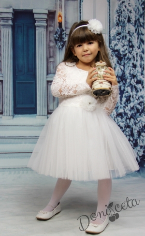 Официална детска рокля с дълъг ръкав в шампанско с дантела и тюл  