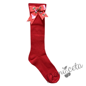 Детски чорапи 3/4 в червено с  коледна панделка 7654543