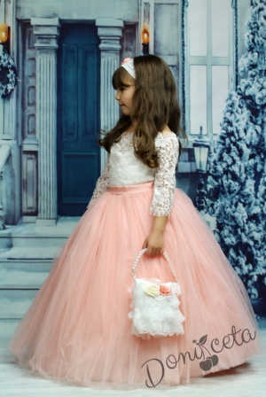 Детска дълга рокля с дълъг ръкав в прасковено с обръч и тюл, чантичка и лента за коса