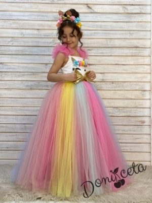 Дълга детска рокля с Пони/Еднорог с многоцветен тюл и диадема