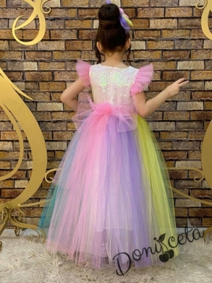 Дълга детска рокля с Пони/Еднорог с пайети и многоцветен тюл
