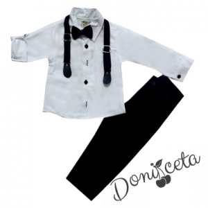 Комплект от панталон в тъмносиньо и риза в бяло с тиранти и папионка